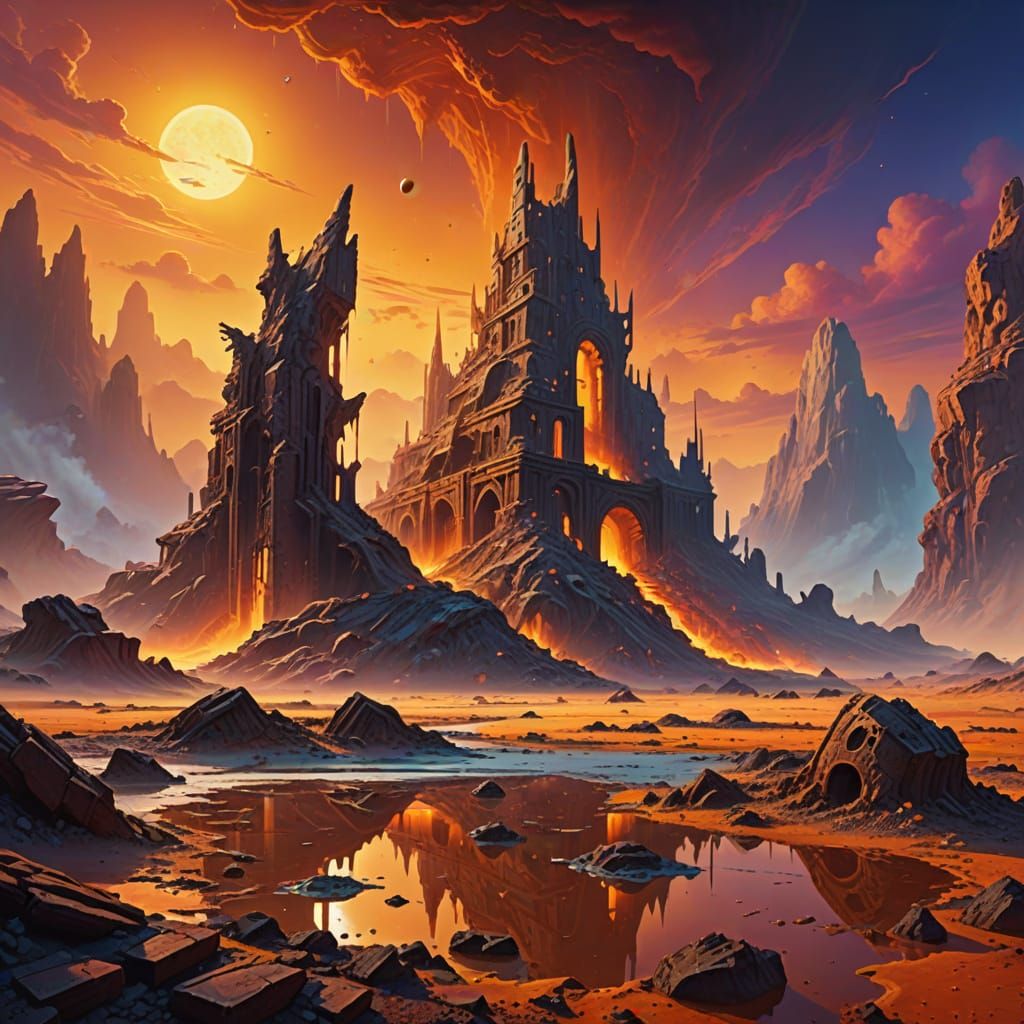 Surreal Ruins on Alien Planet in Golden Light