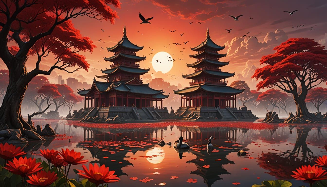 Ancient Temple Ruins at Sunset in Vivid Colors