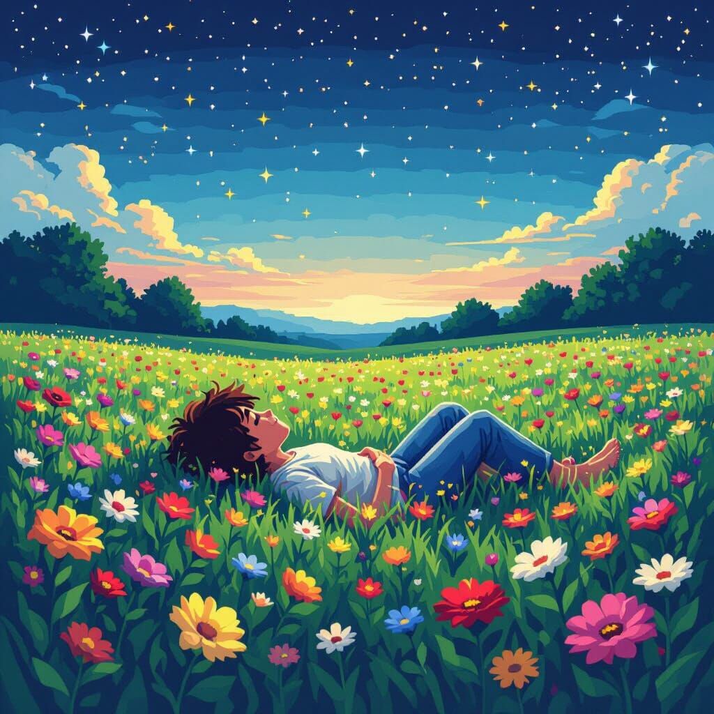 Retro 8-Bit Pixel Art of Starry Night Field