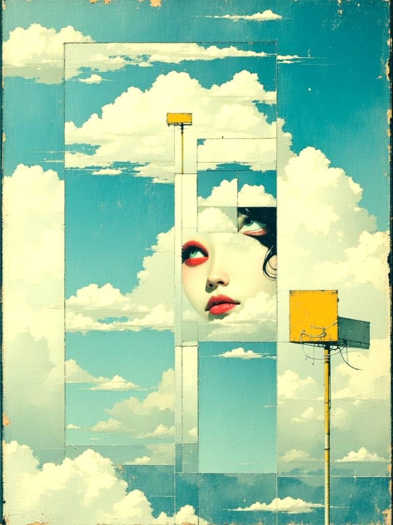 Surreal Collage Art with Cloud and Red Lip