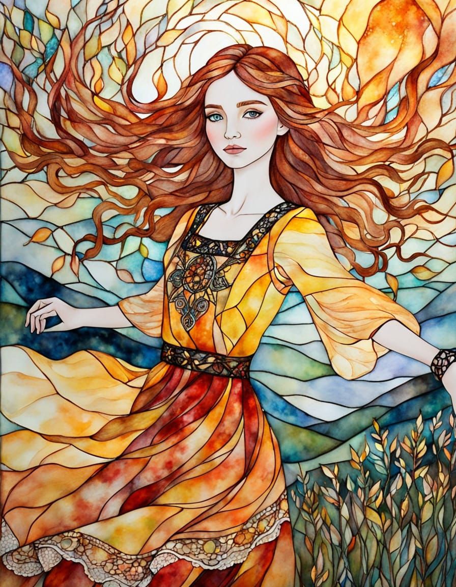 Dancing with Golden Breeze in a Whimsical Watercolour Landsc...