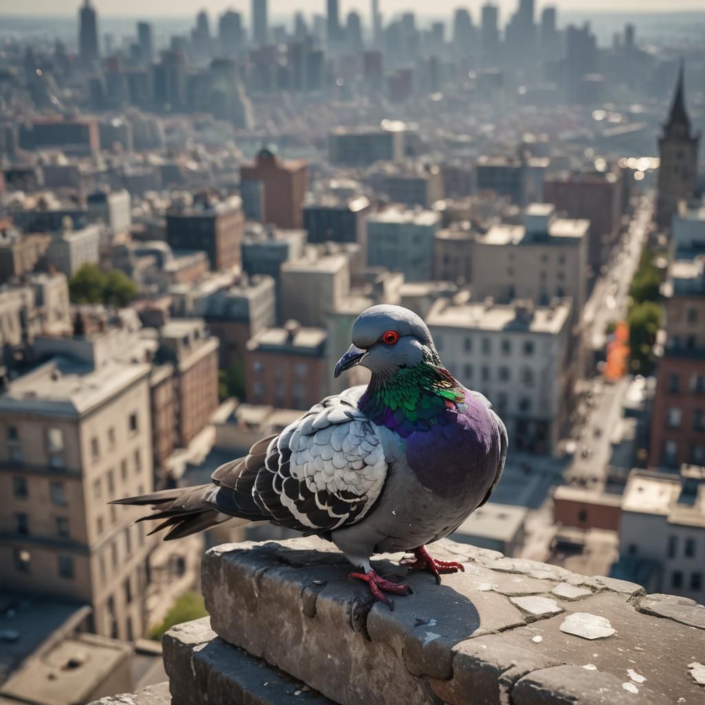 Detailed Cyborg Pigeon Perched in Cityscape Photo