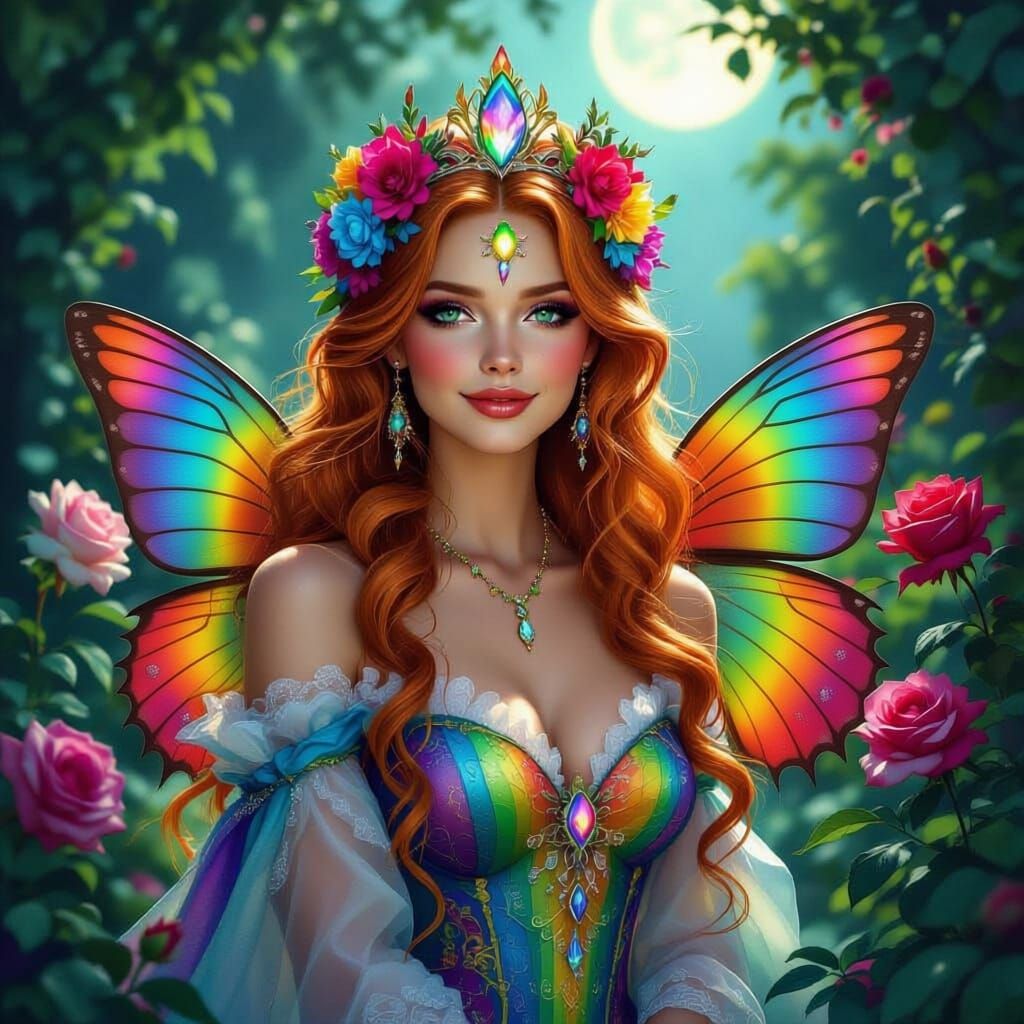 Regal Rainbow Faerie Queen in Moonlight Garden