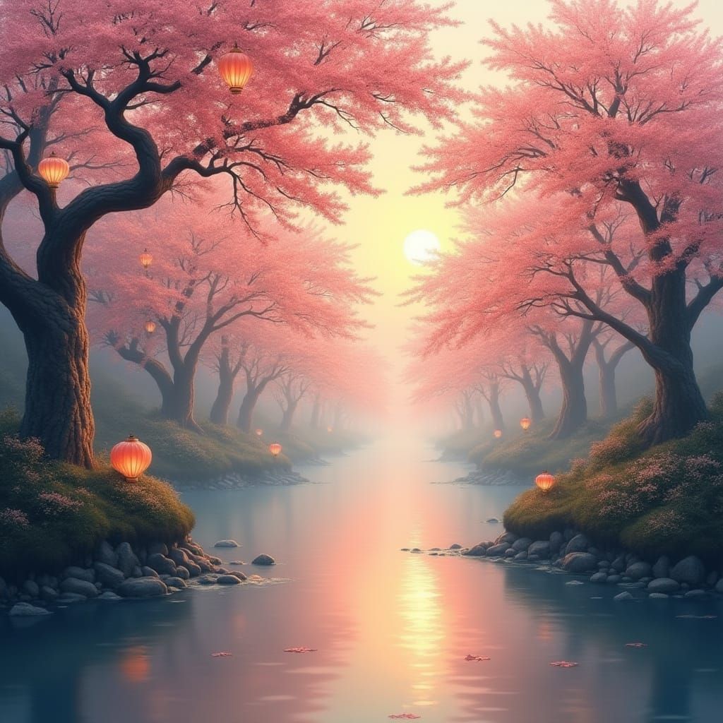 Misty River with Cherry Blossoms in Ukiyo-e Style