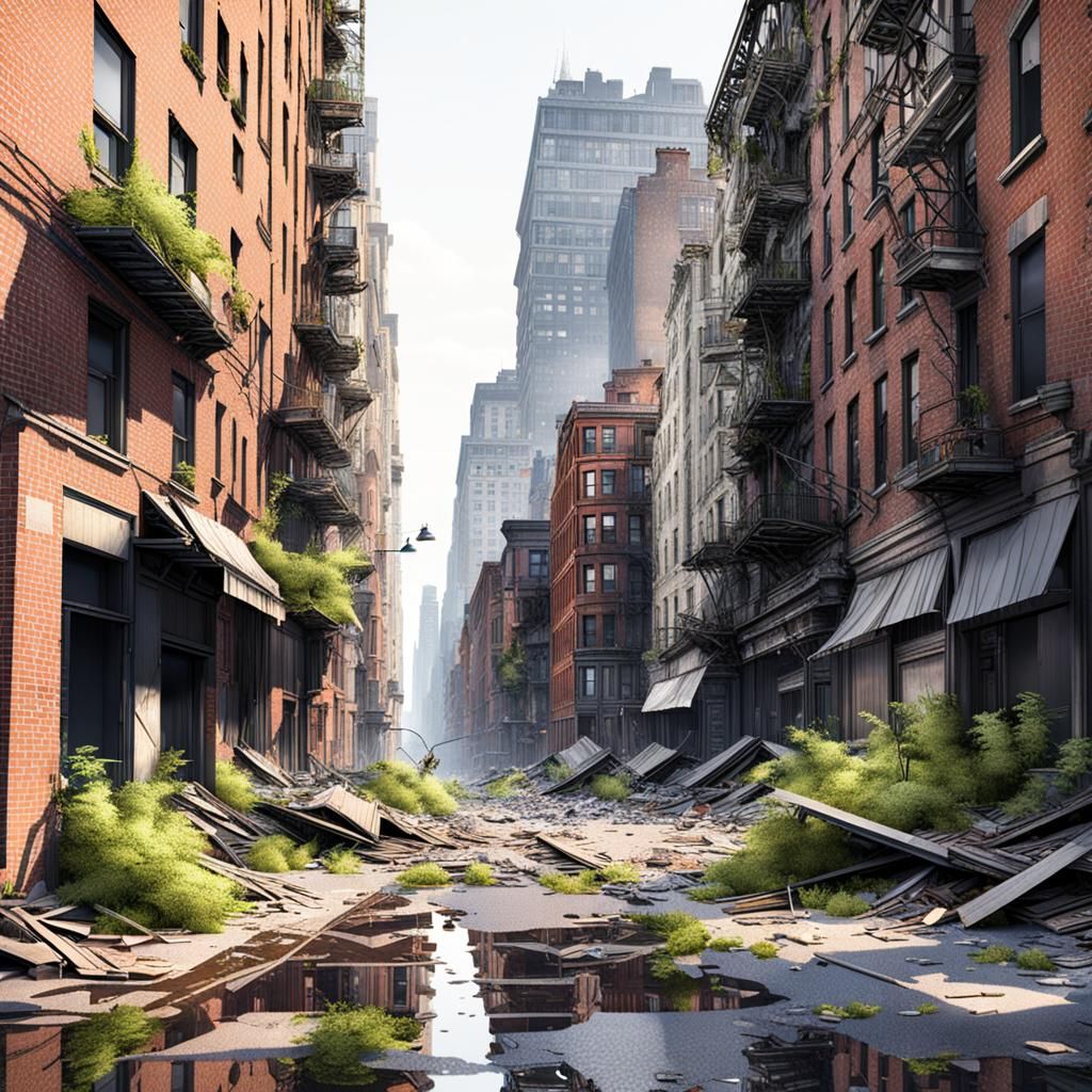 Hyperrealistic Ruined New York City Street View