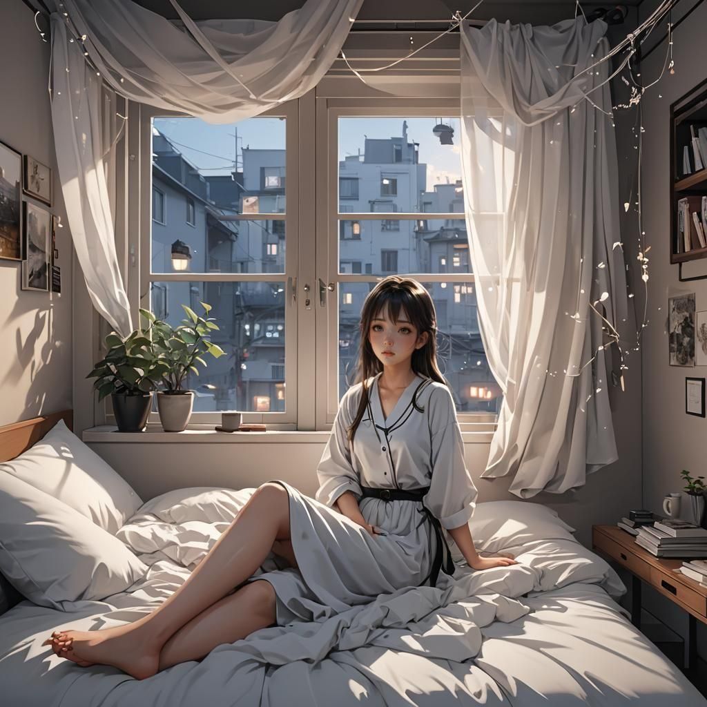 Anime Style: Young Woman Asleep in Bedroom