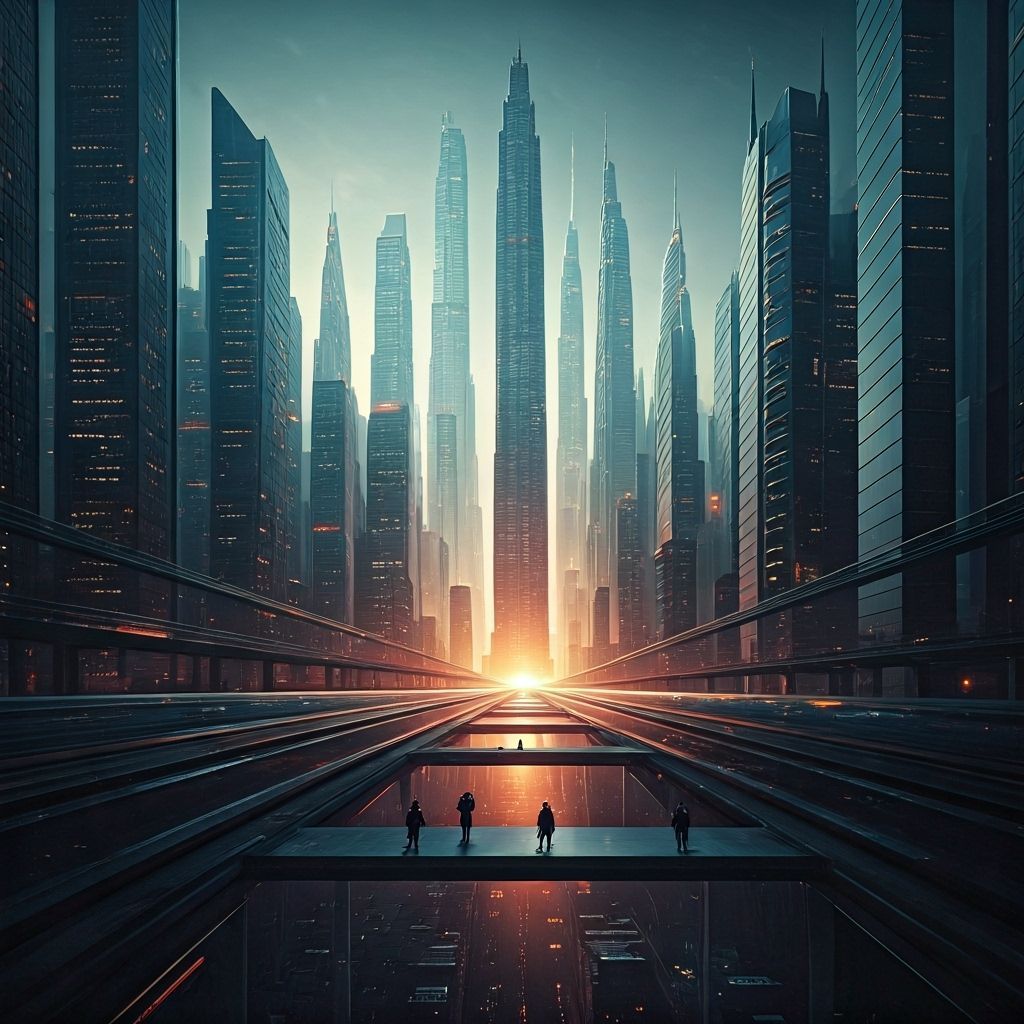 Futuristic Cityscape with Flying Cars and Neon Signs