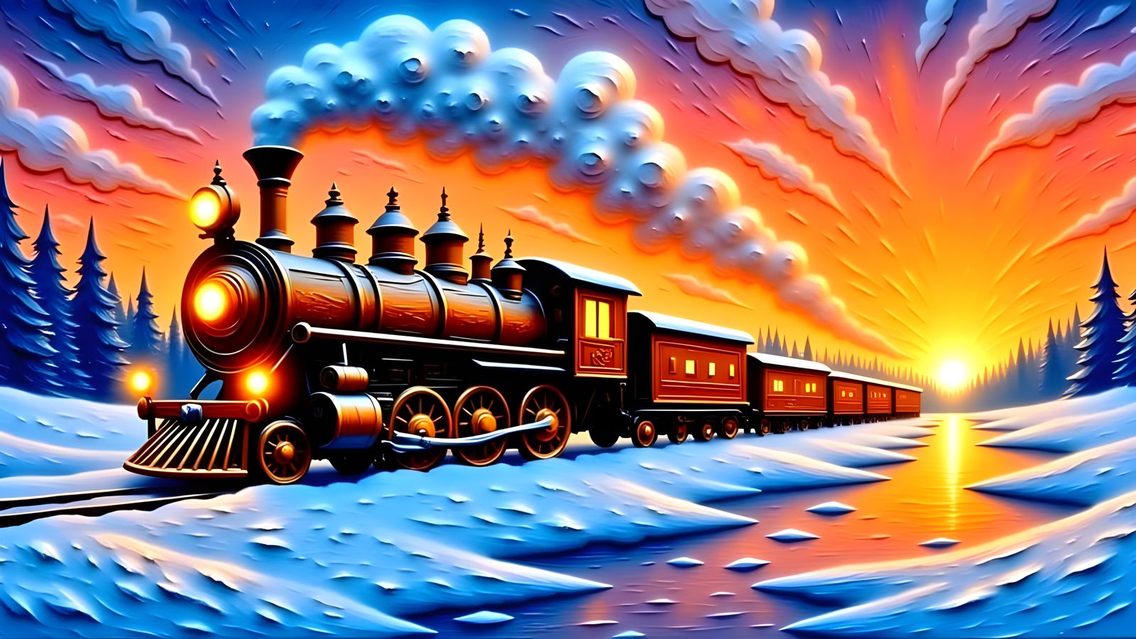 Elegant Steampunk Train in Winter Wonderland