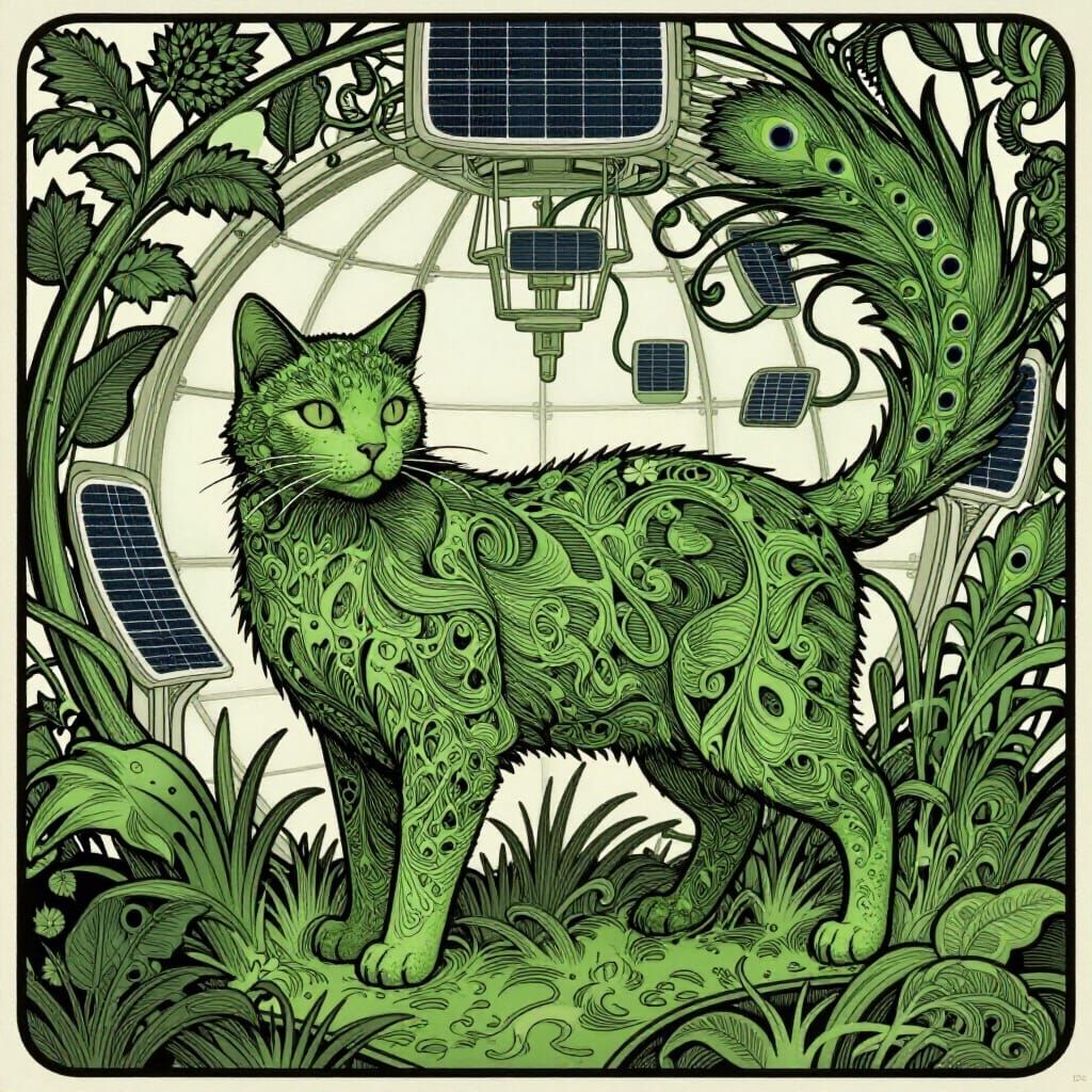 Art Nouveau Plant Cat in Futuristic Greenhouse