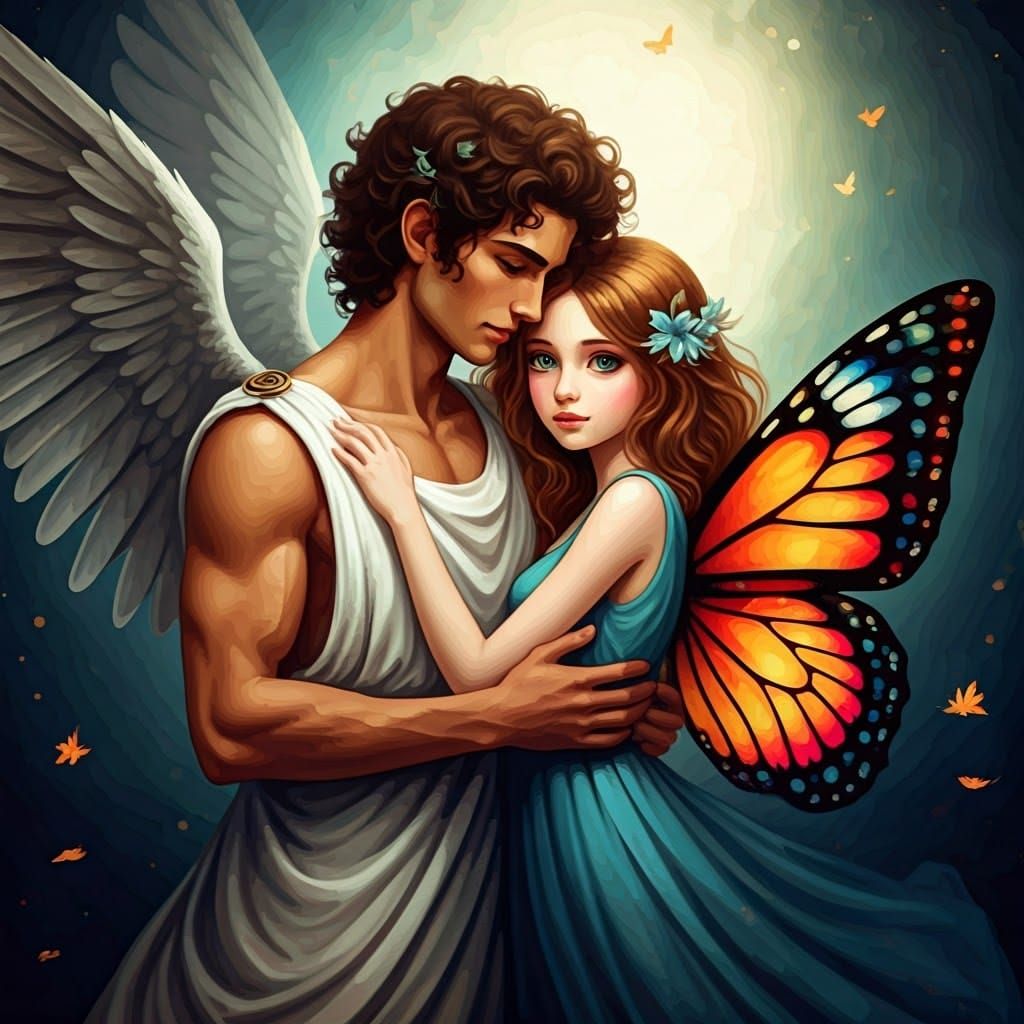 Dreamy Encounter of Eros and Psyche in Whimsical Greek Lands...