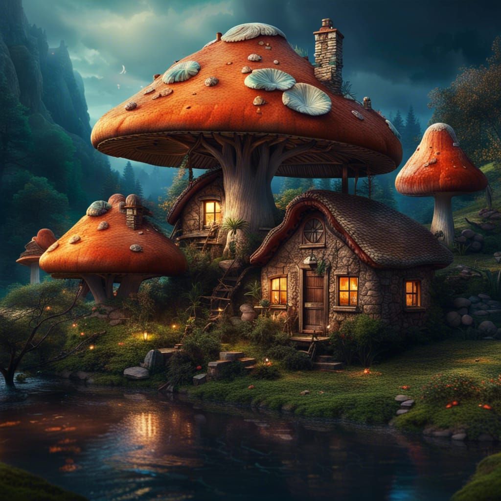 Enchanting Mushroom Houses by River: Fantasy Concept Art