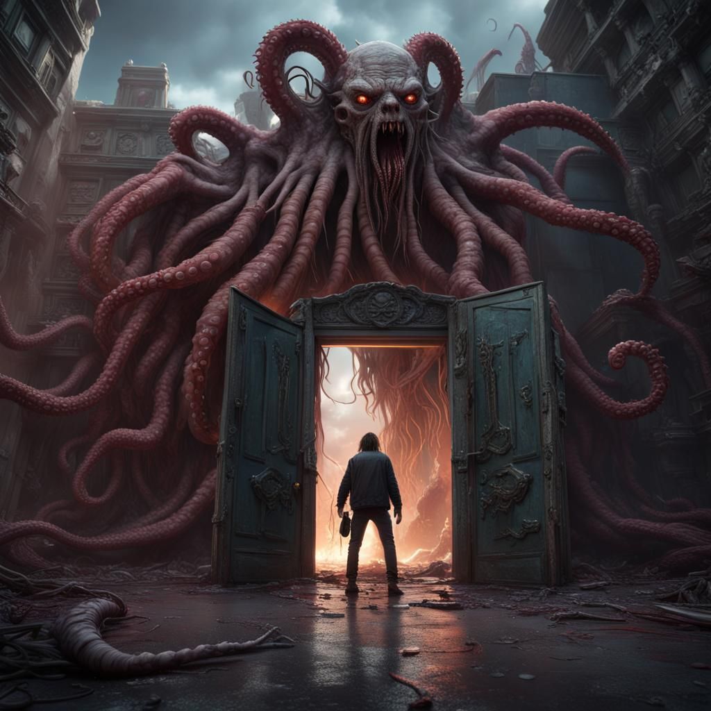 Monster with Octopus Arms Ripping Door, Digital Art