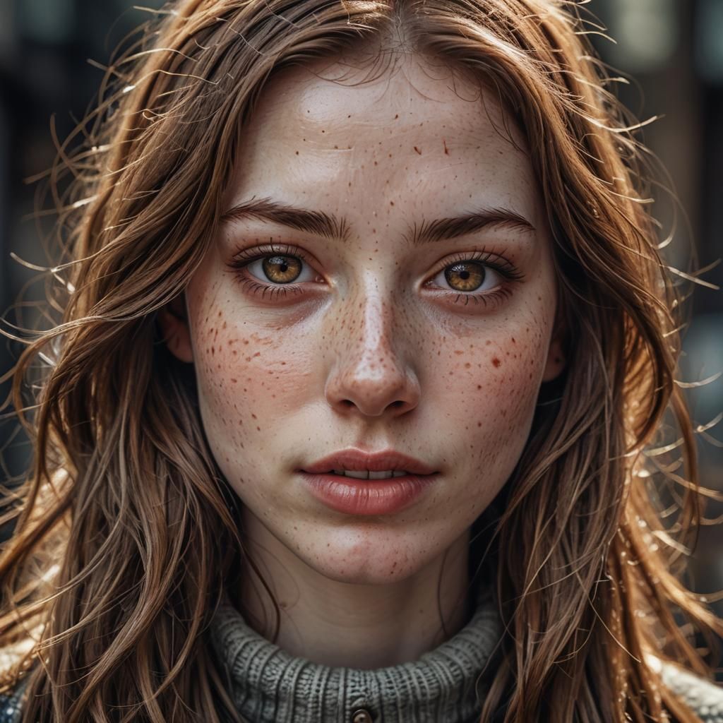 Hyperrealistic Portrait of a Happy Freckled Girl