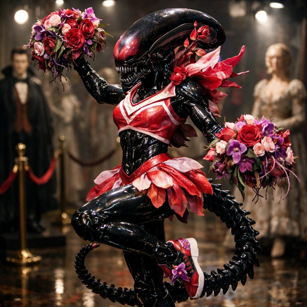 Floral Xenomorph Cheerleader in Eerie Wax Museum