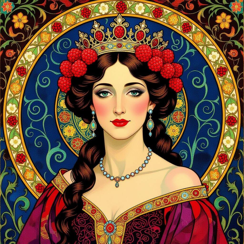 Regal Queen Crowned with Raspberries in Klimt Style