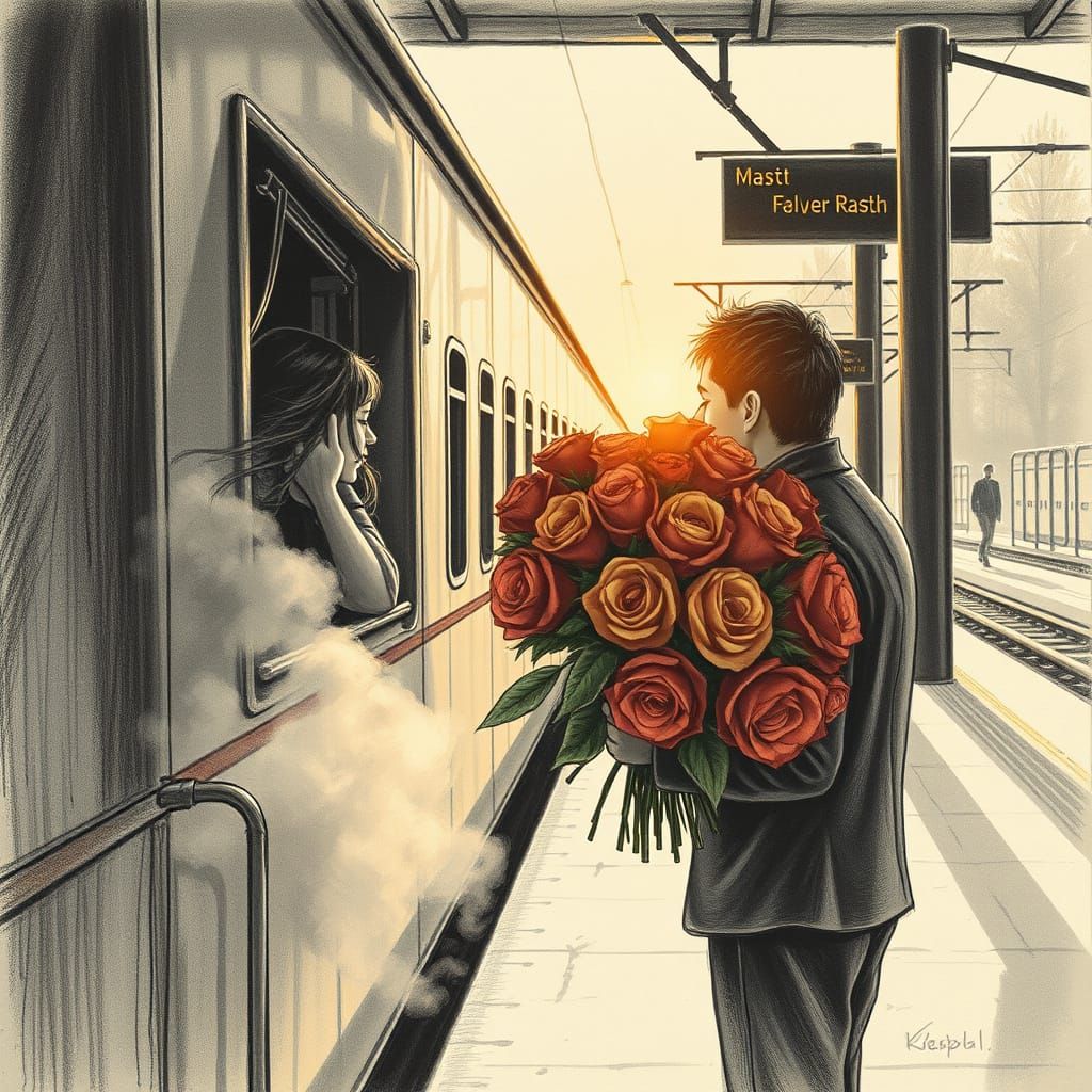 Romantic Train Station Kiss in Golden Hour