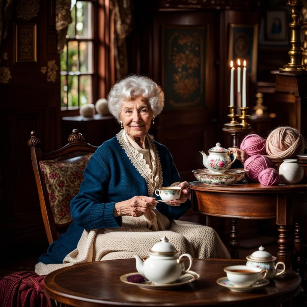 Miss Marple at a tea party solving a mystery