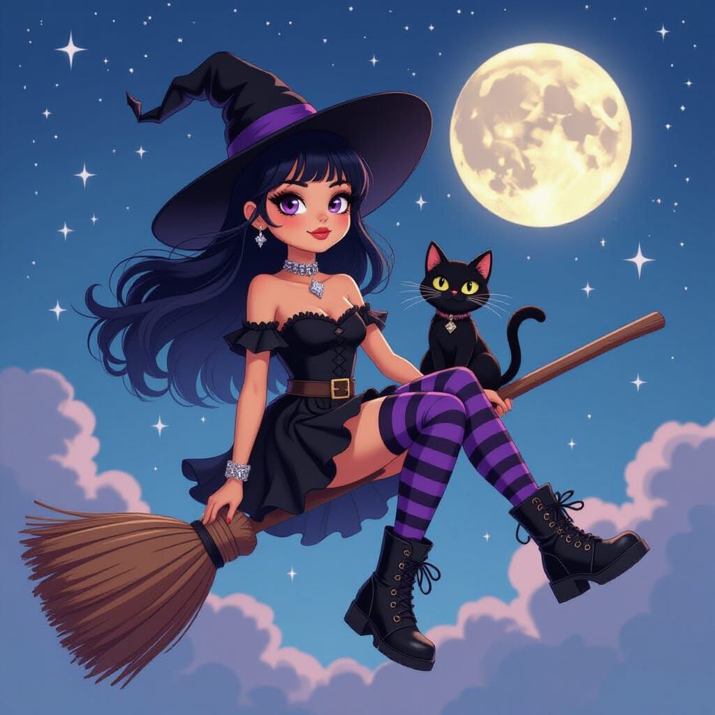 Punky Boho Witch on Broom with Black Cat Under Full Moon