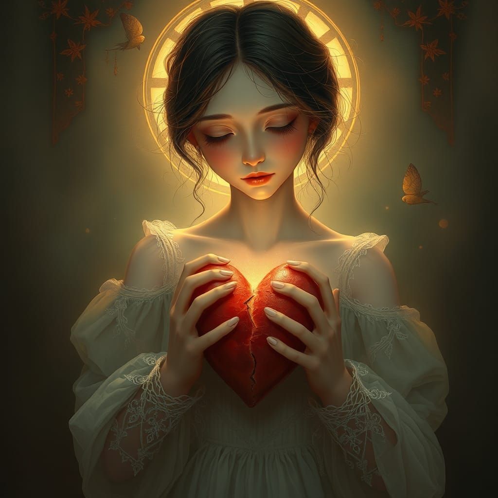 Porcelain Woman with Broken Heart in Ethereal Light