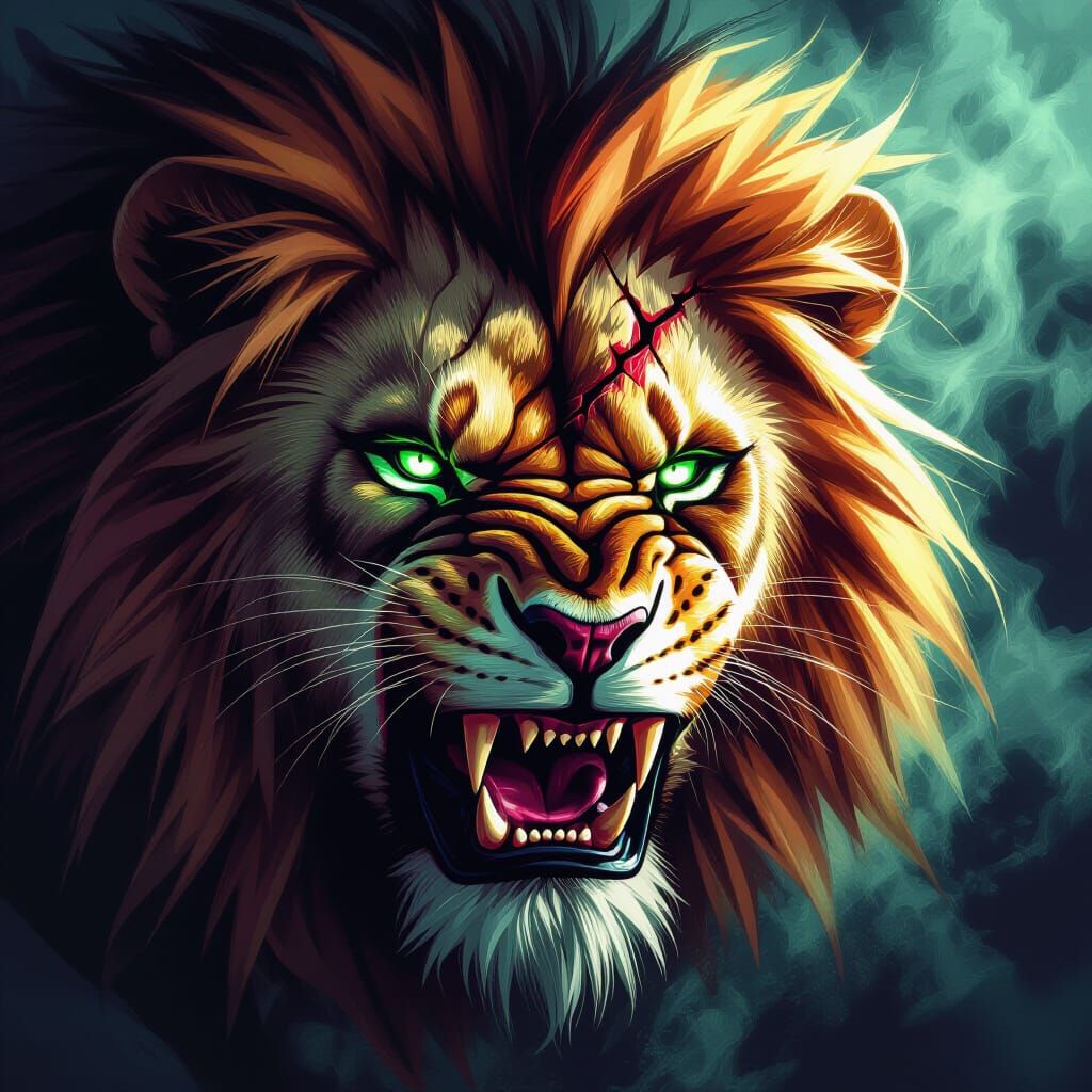 Lion's Face Snarling with Glowing Eyes and Scar