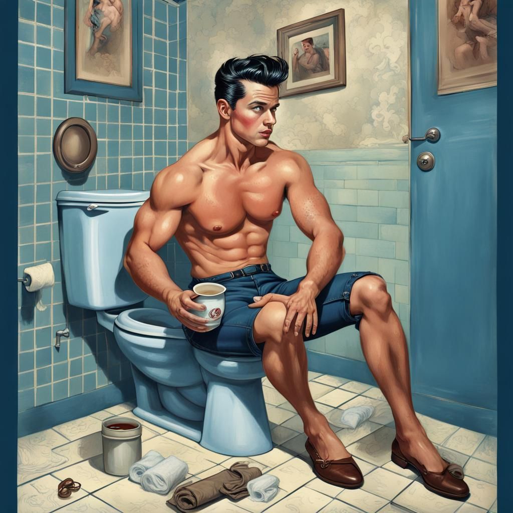 Muscular Man Sipping Tea in 1950s Bathroom