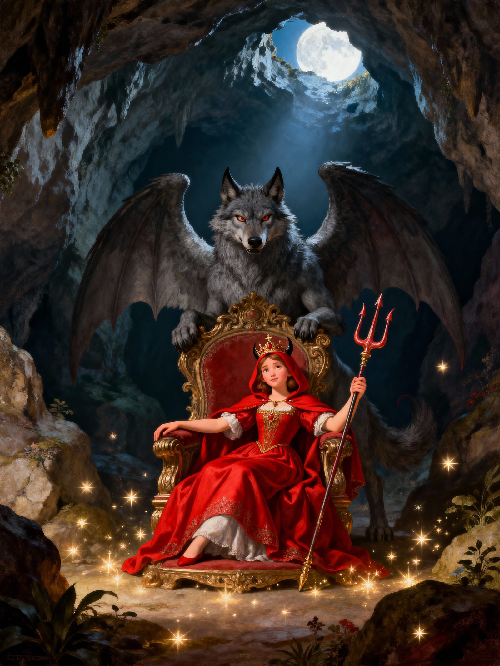 Little Red Riding Hood as Devil Queen on Throne with Wolf-De...