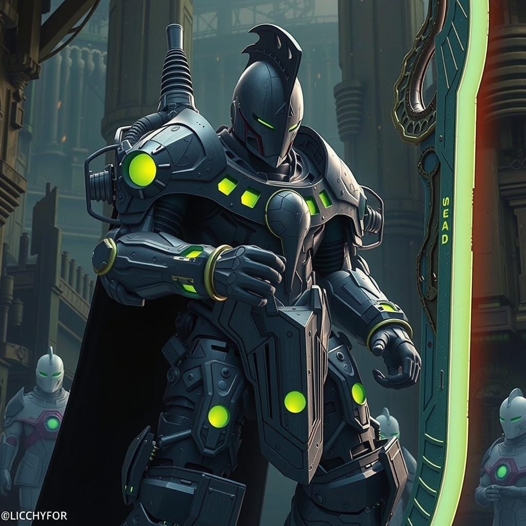 Cybernetic Knight in Medieval Futurism, with Death Scythe an...