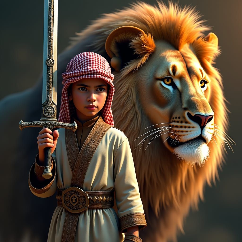 Palestinian Boy with Zulfiqar Sword and Lion Portrait