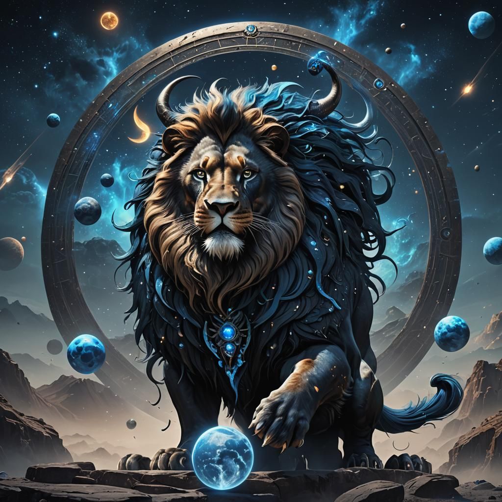 Blue Moon Lion with Jupiter Moons, Fantasy Art