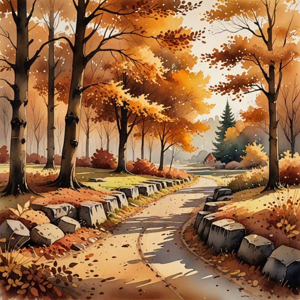 Cozy Autumn Landscape in Watercolor Style