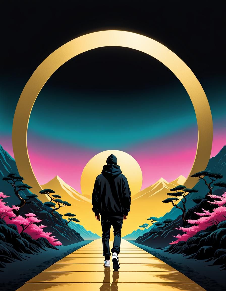 Vaporwave Gold Path with Figure in Chiaroscuro