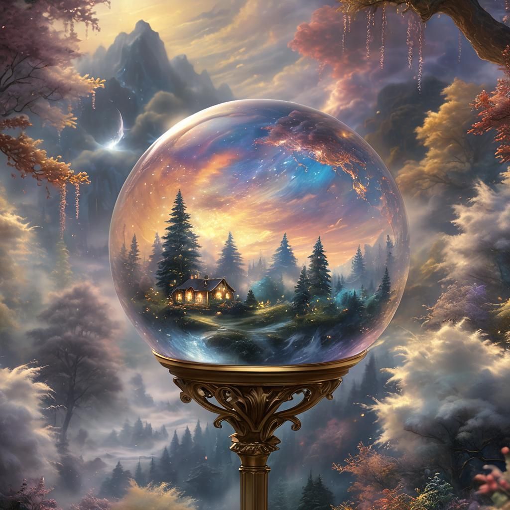 Glowing Crystal Orb in Ethereal Cosmic Mist