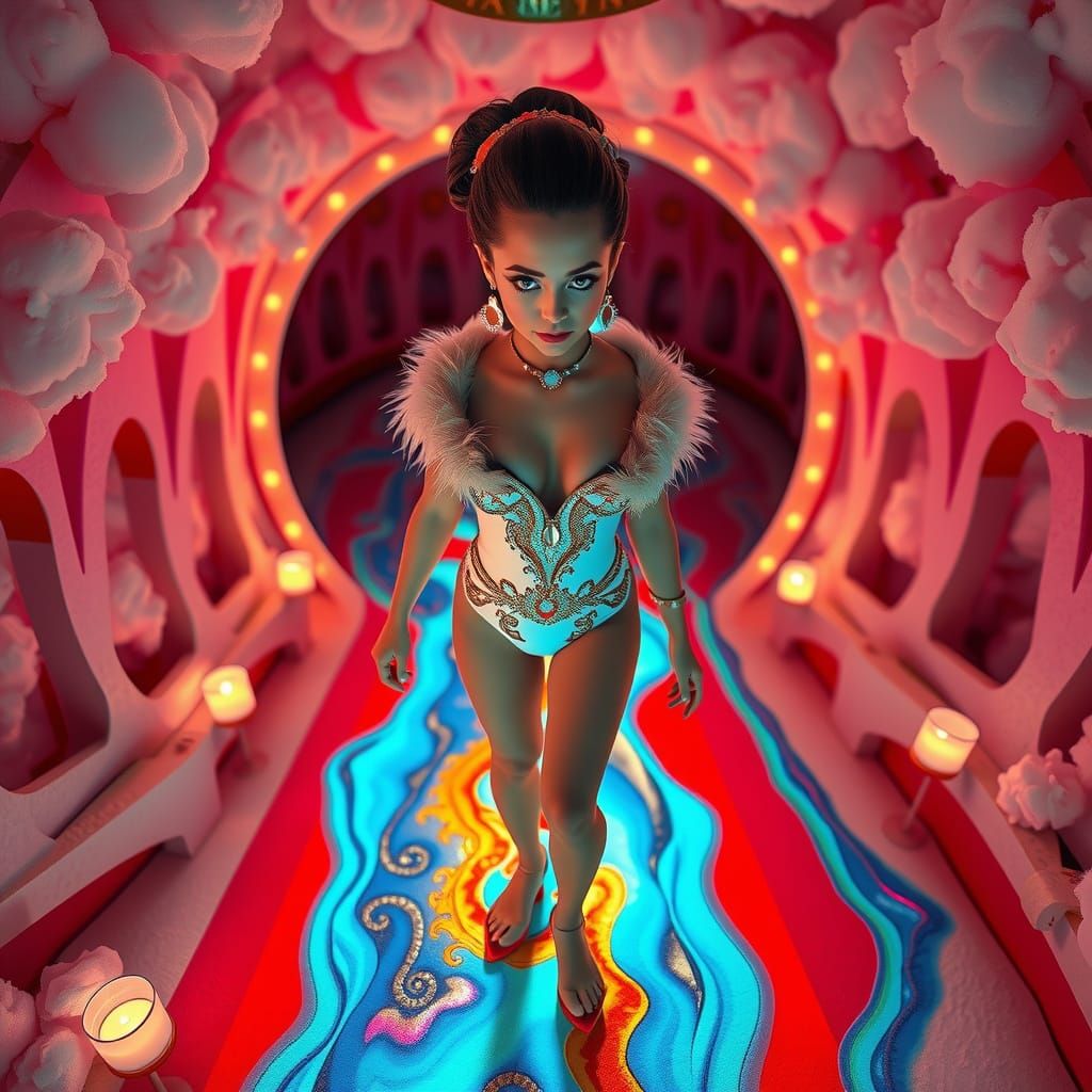 <<Birds eye view >>of a neon styled fashion runway in a carn...