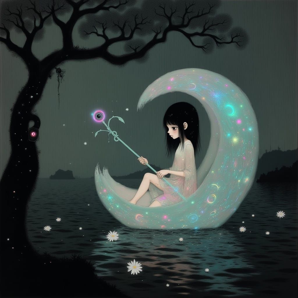 Pixie in Iridescent Nautilus-Shell Boat Amidst Lunar Dreamsc...