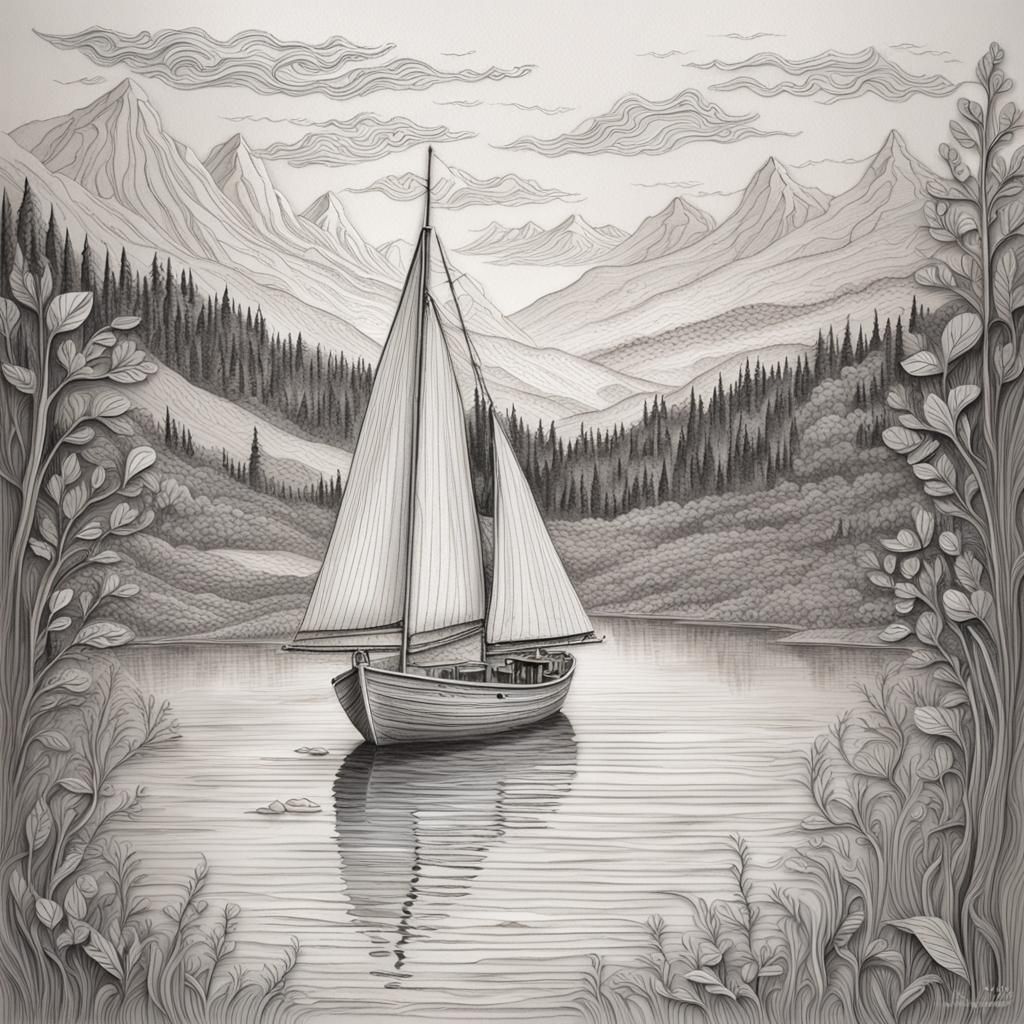 Dreamlike Sailboat on Lake: Dystopian Pencil Sketch