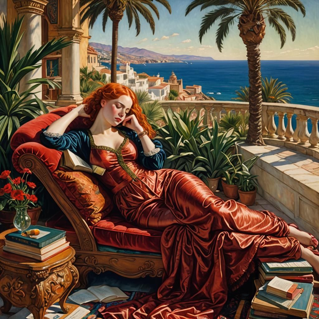 Sensual Woman Sleeping by the Sea: Pre-Raphaelite Style