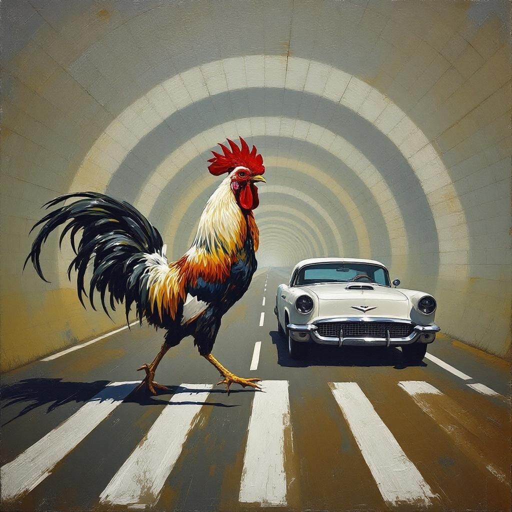 Rooster Crossing Road in Impasto Style