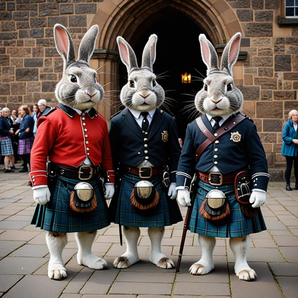 Rabbits dressed in kilts and sporran visit Edinburgh Castle in Scotland