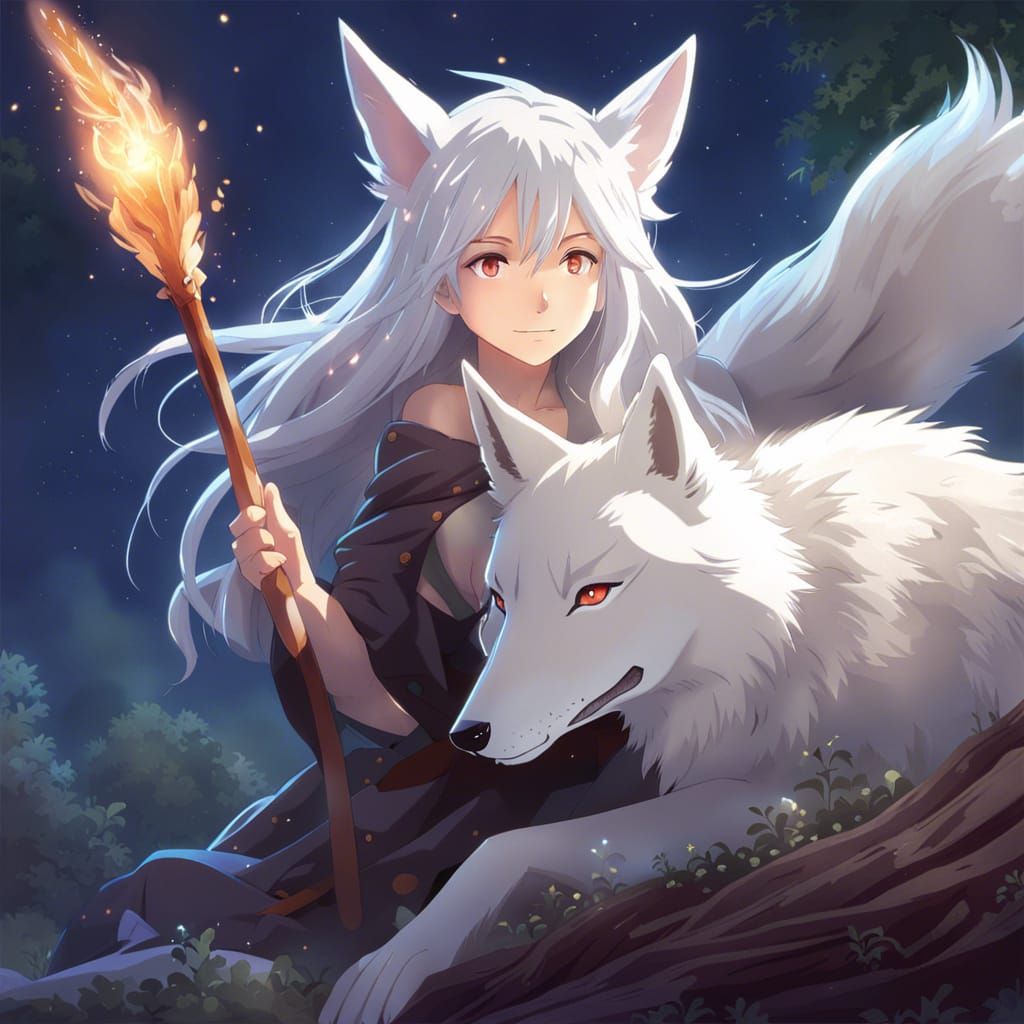 Fantasy Witch Riding White Wolf in Anime Style