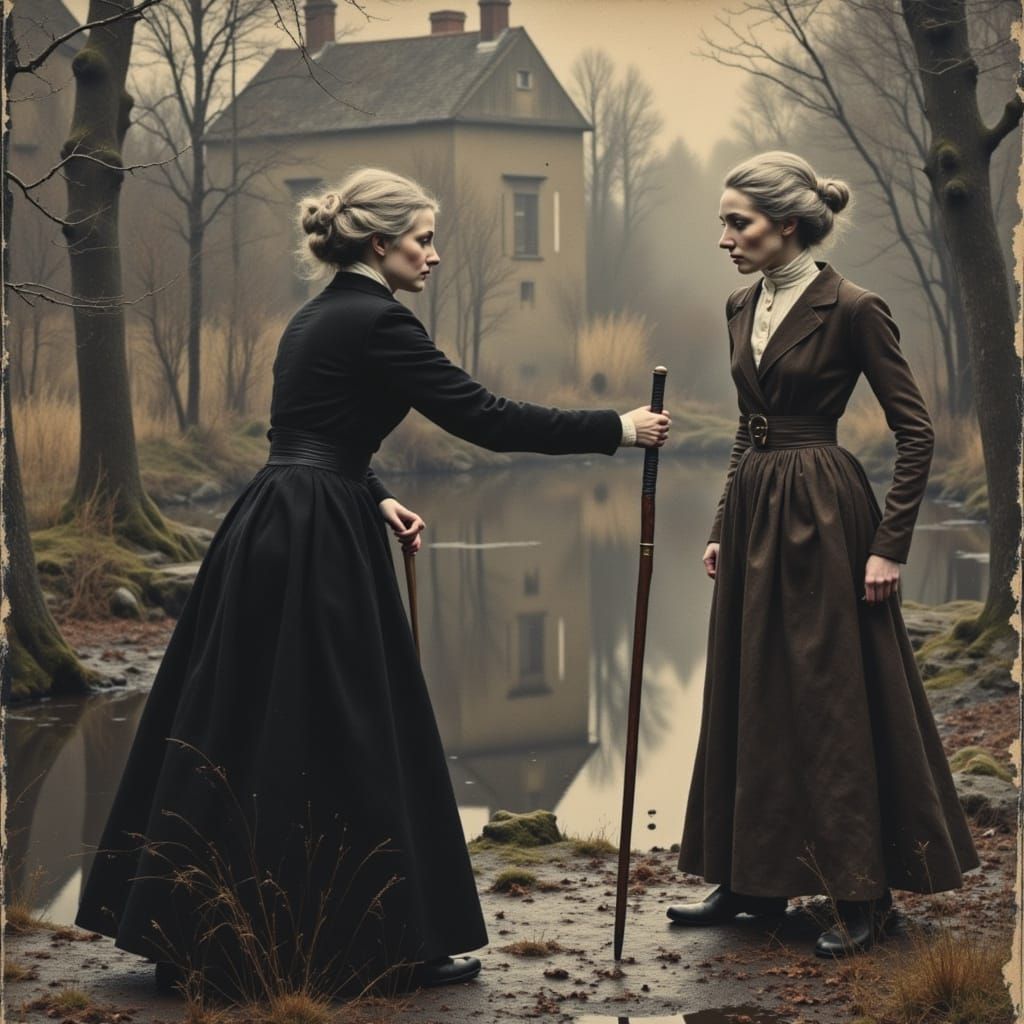 Grungy Oil Painting of Elderly Women Sword Fighting