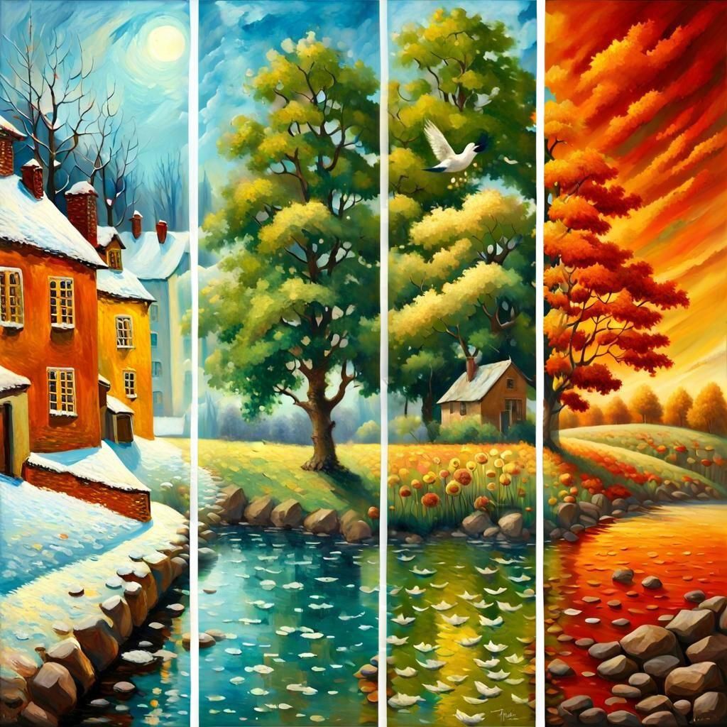 Four Seasons Quadriptych in Oil Painting Style