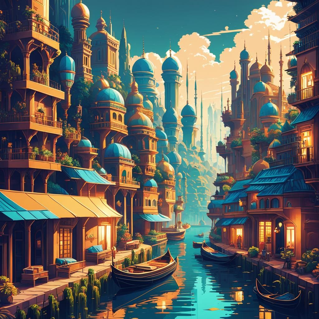 Futuristic Town: Arabic-Modern Architecture in Pixel Art