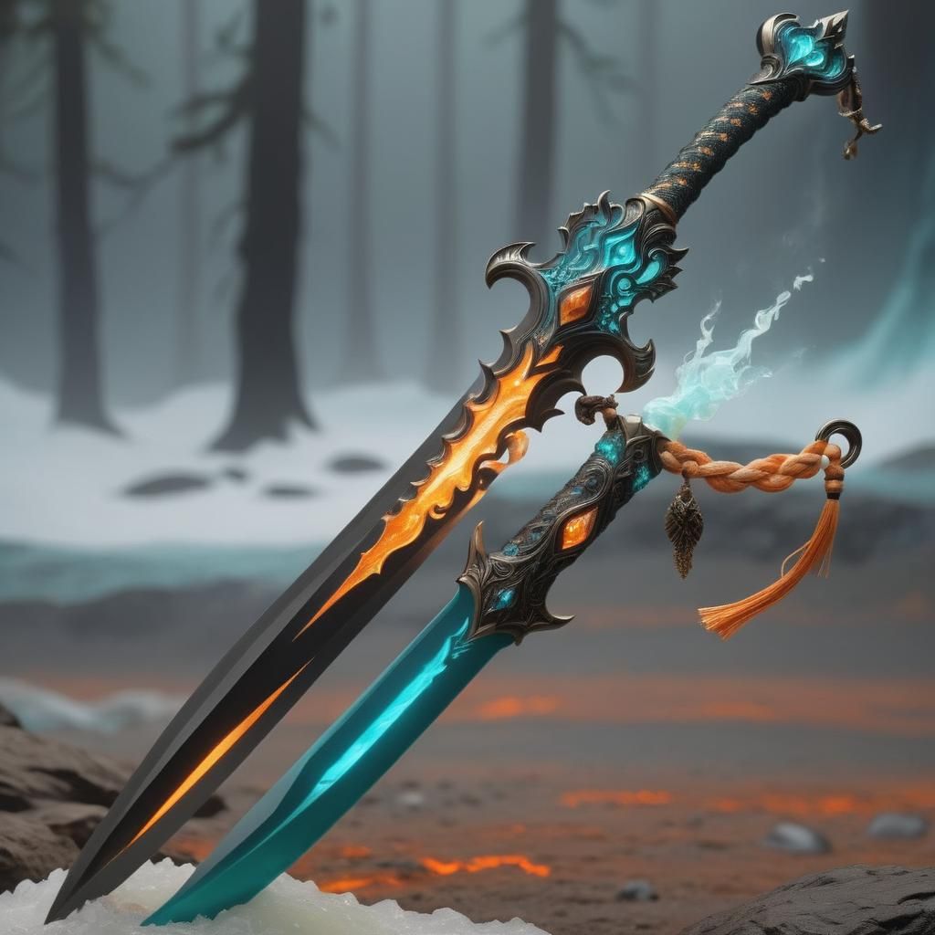 Teal and Orange Fantasy Sword in Dark Cave
