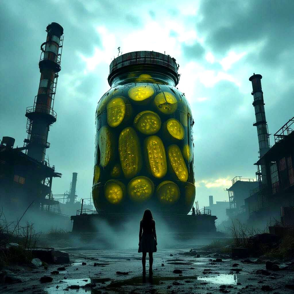 Grunge Art: Woman Faces Giant Pickle Jar in Desolate Landsca...