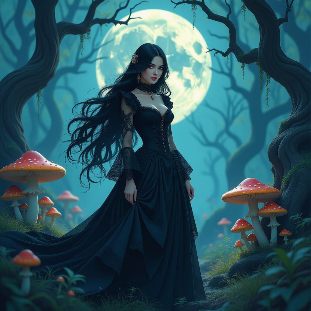 Mysterious Woman in Moonlit Forest as Digital Art