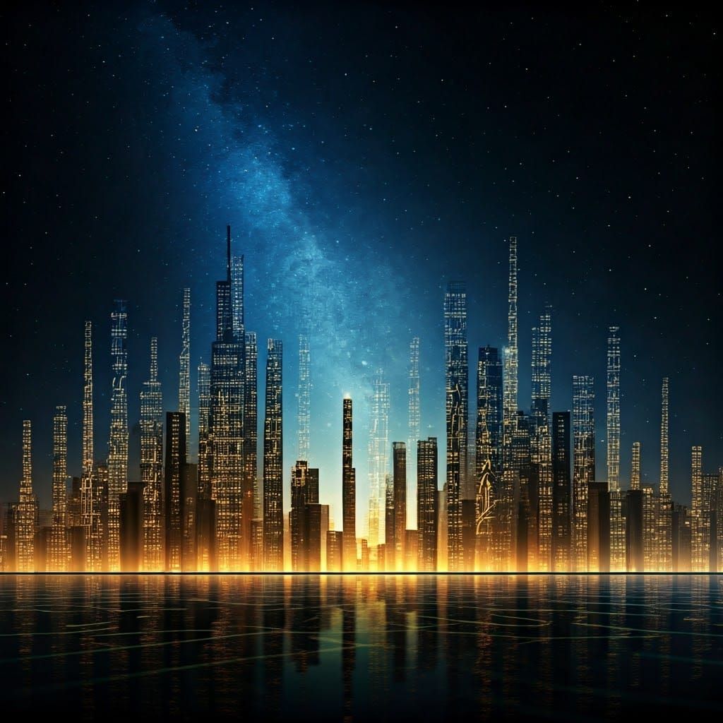 Harmonic Cityscape of Musical Notes Under Starry Sky