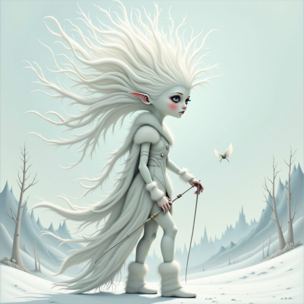 Albino Warrior Woman with Dandelion Hair in White Landscape