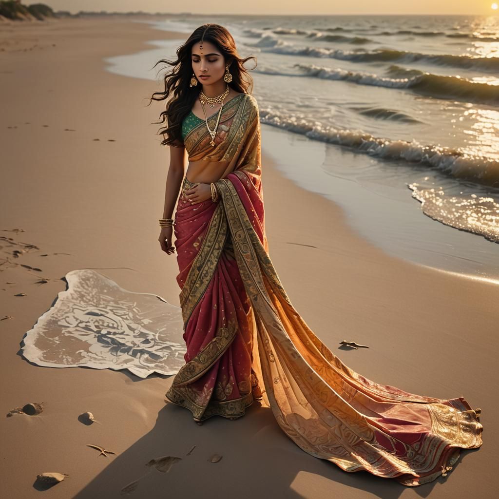 Pakistani Woman in Sari on Beach: Photorealistic Art