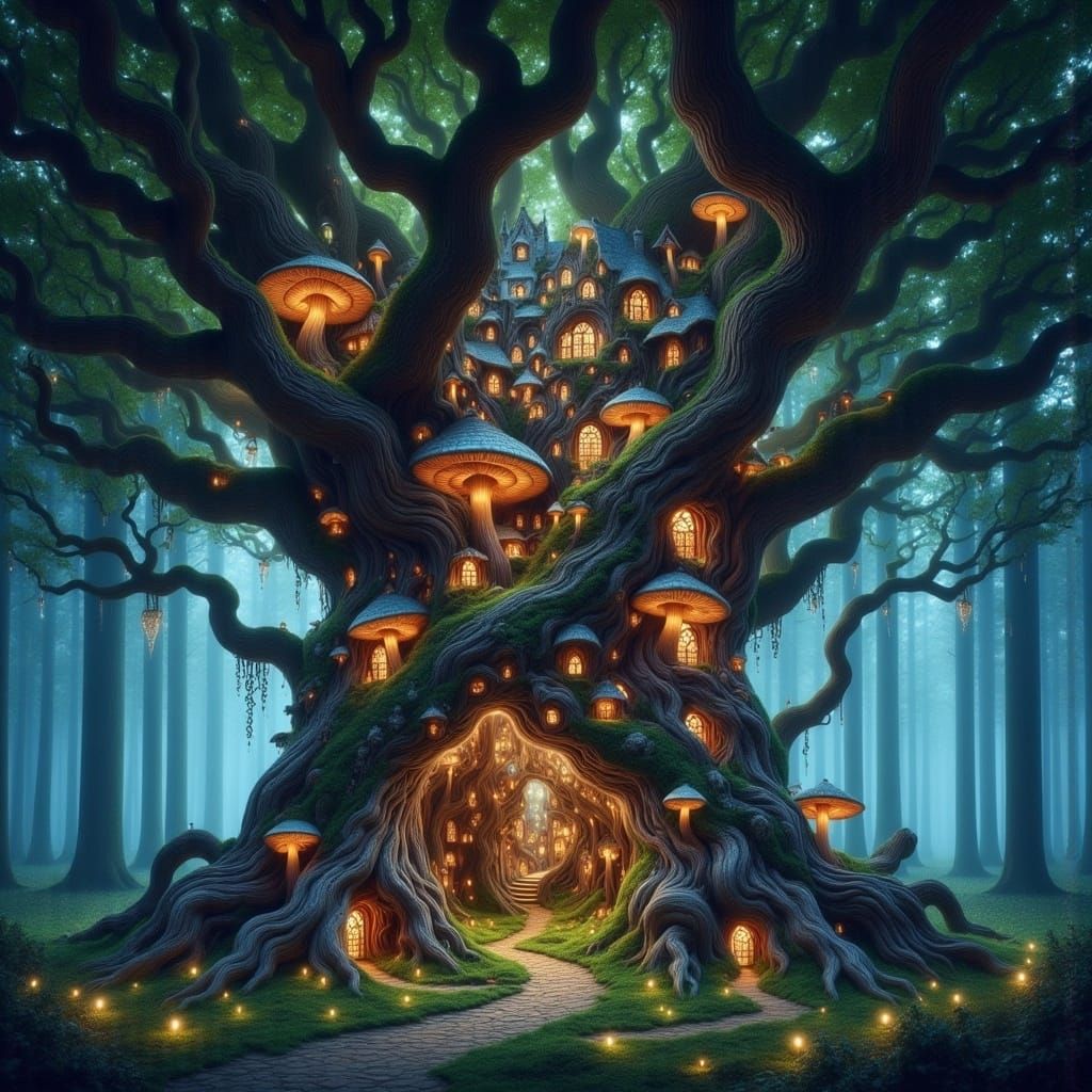 Ethereal Village Inside Hollow Tree, Dreamlike Scene