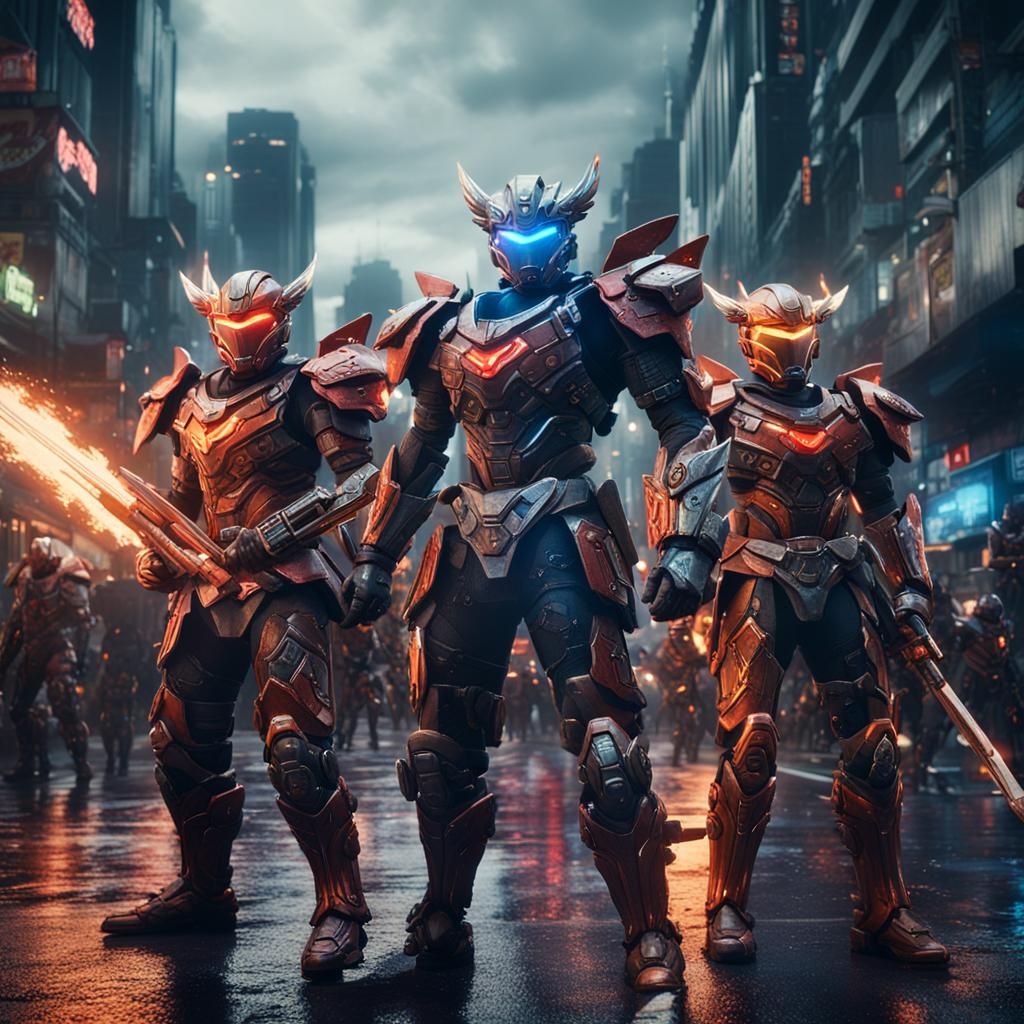 Tokusatsu Warriors with Glowing Weapons: Digital Art